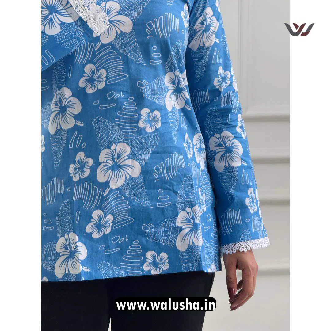 Blue Hibiscus Printed Pure Cotton Short Kurti - Image 2