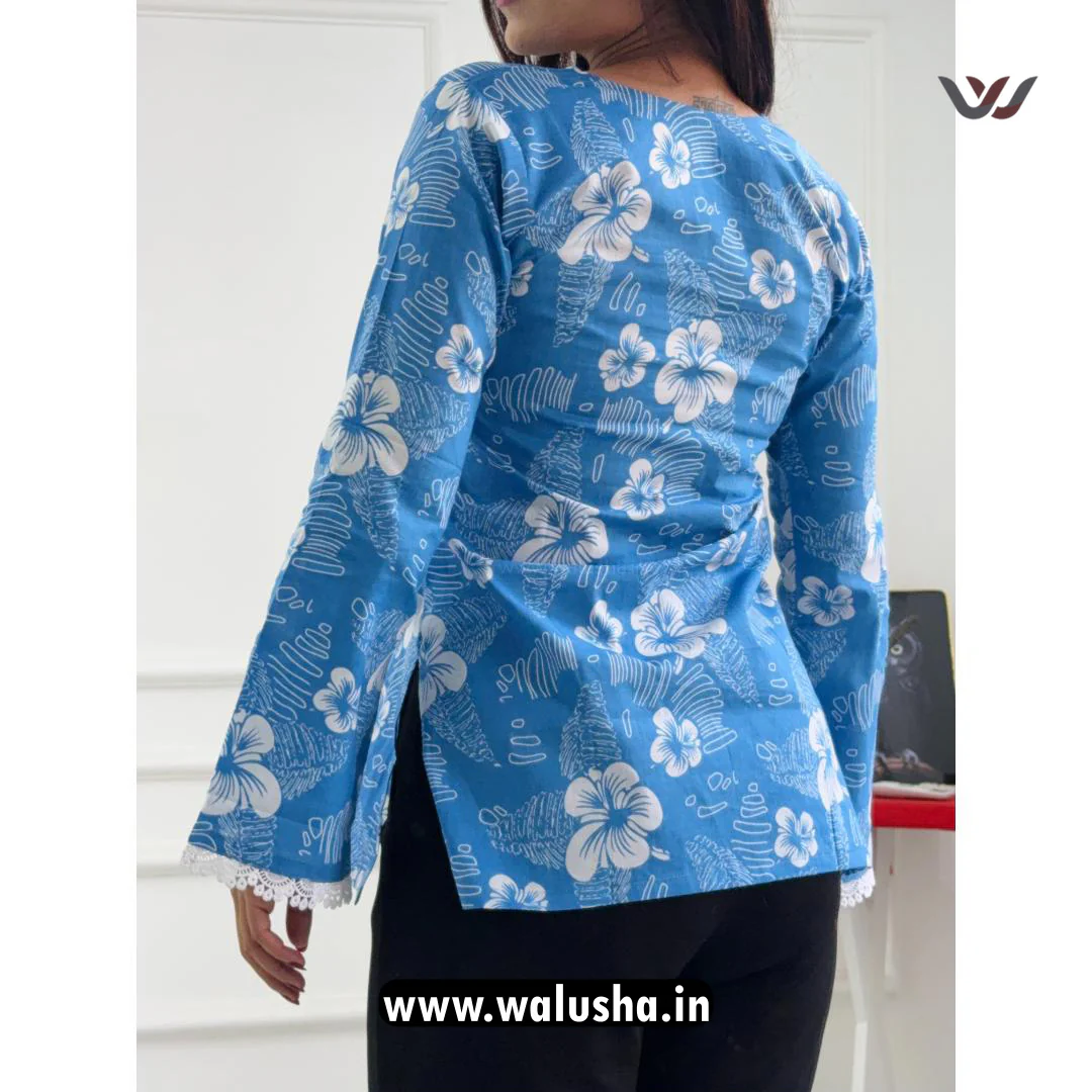 Blue Hibiscus Printed Pure Cotton Short Kurti - Image 3