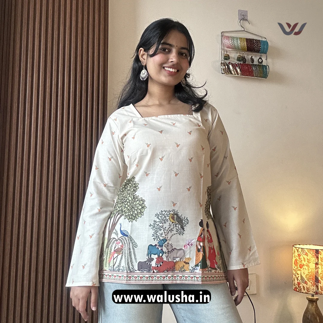 Ivory Kalamkari Printed Corset Back Short Kurti