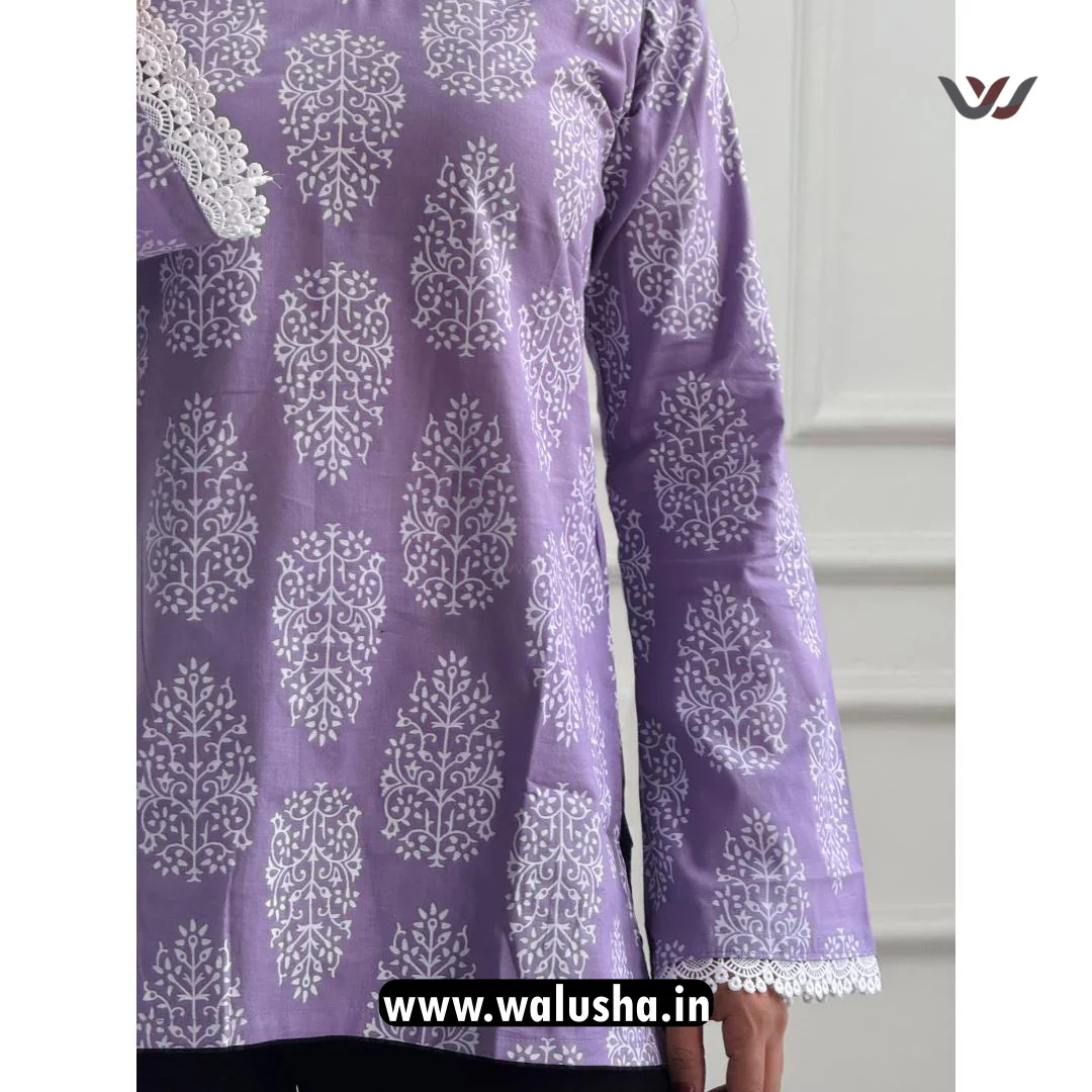 Lavender Hand Block Printed Pure Cotton Short Kurti - Image 2