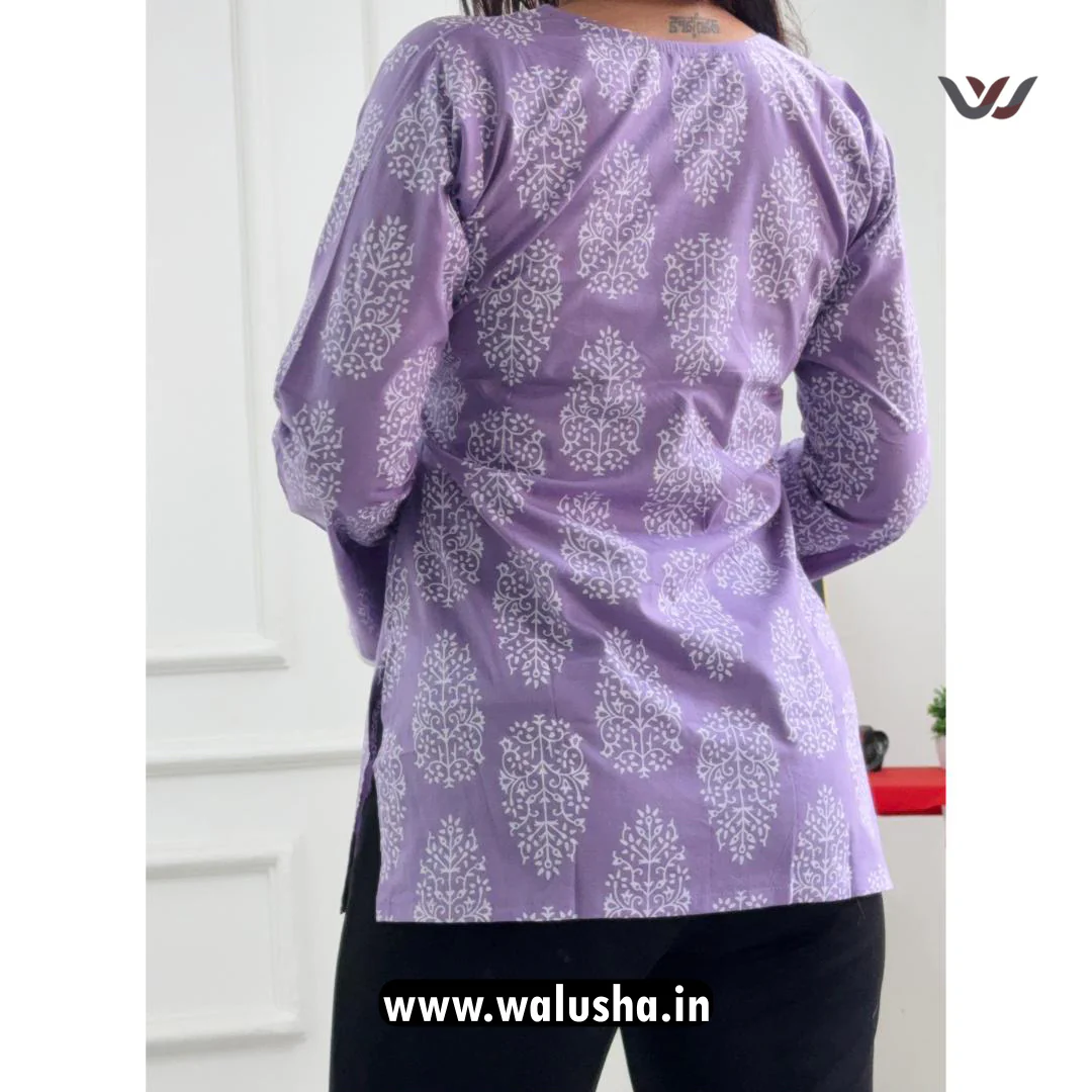 Lavender Hand Block Printed Pure Cotton Short Kurti - Image 3