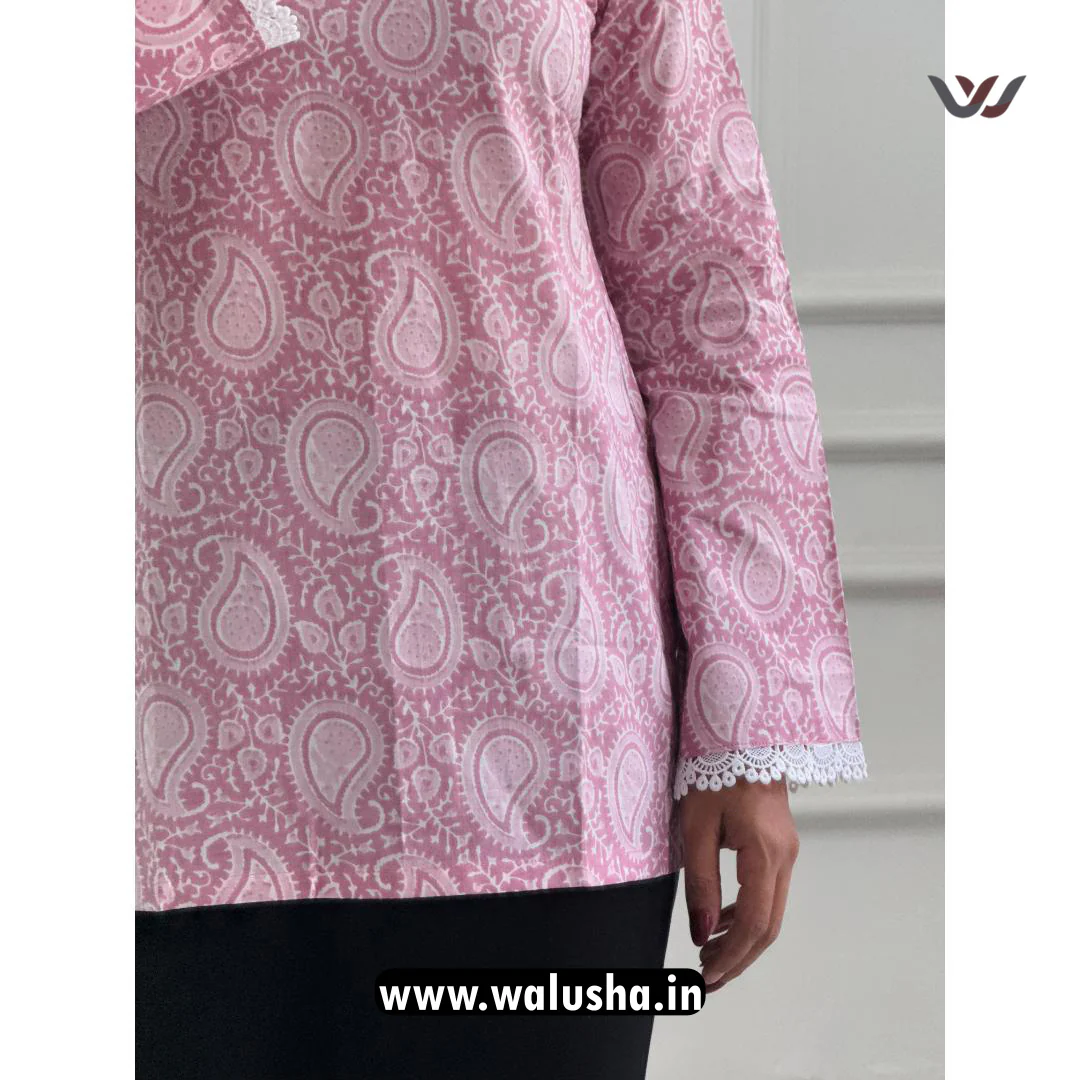Pink Paisley Printed Pure Cotton Short Kurti - Image 2
