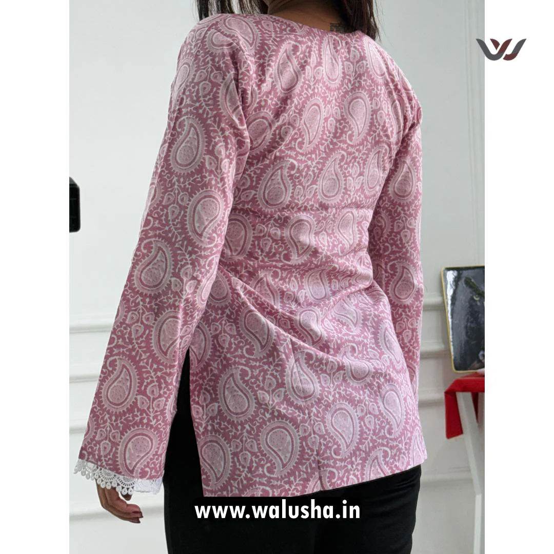 Pink Paisley Printed Pure Cotton Short Kurti - Image 3