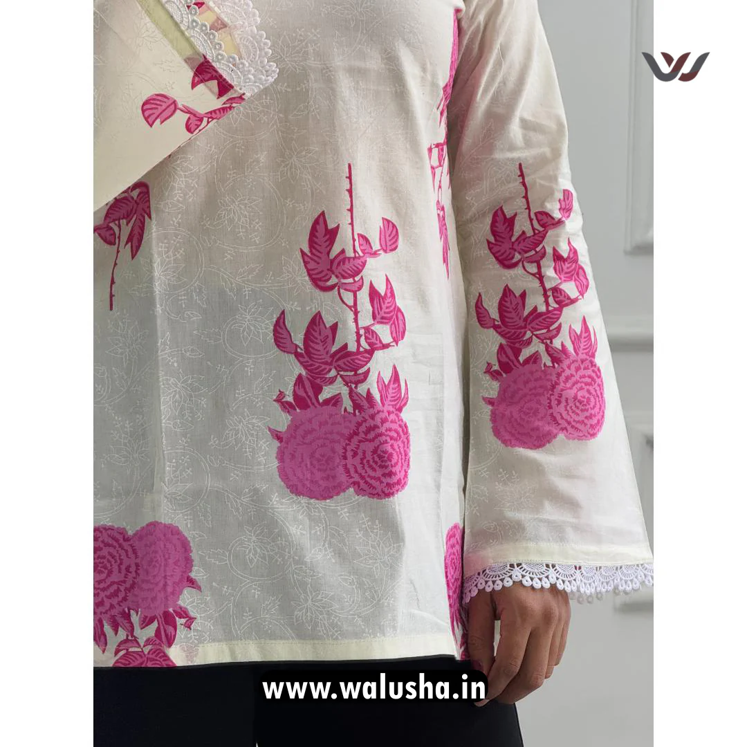 White And Pink Rose Motifs Pure Cotton Short Kurti - Image 2