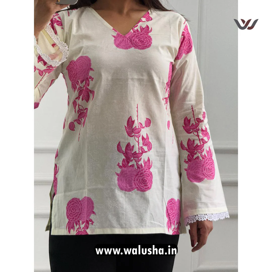 White And Pink Rose Motifs Pure Cotton Short Kurti - Image 3